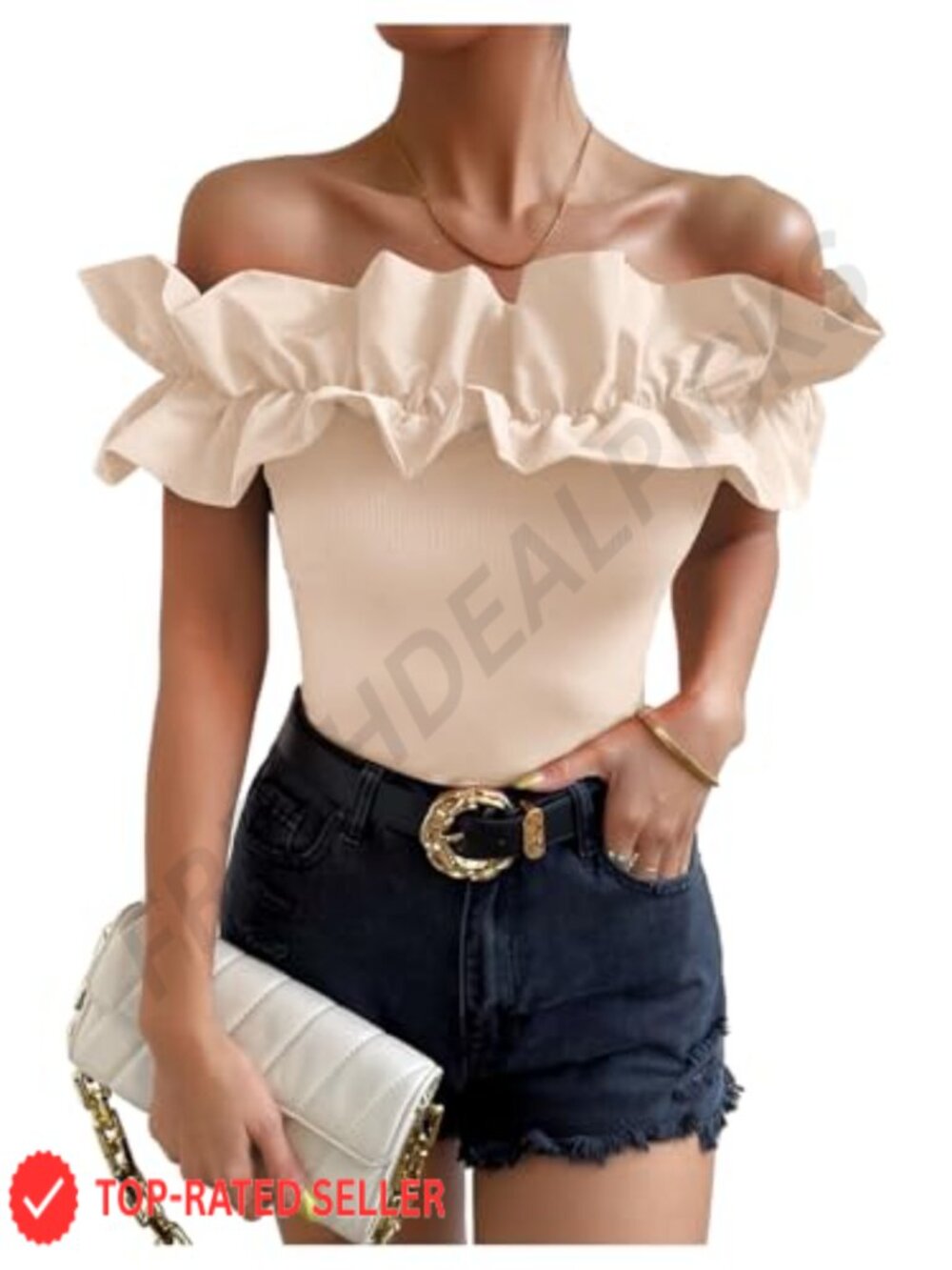 Off Shoulder Ruffle Trim Short Sleeve Blouse Top